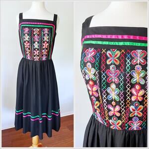Vintage 70s Rainbow Embroidered Black Boho Sleeveless Dress // Size Medium